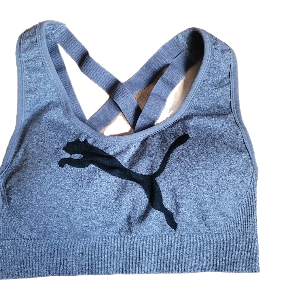 Puma Sports Bra S Small Gray Lined Strappy Back Molded Cups Removable Padding - Picture 2 of 6